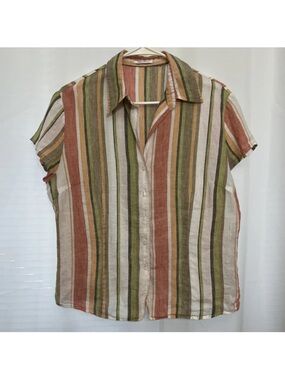 Marco Pecci Women’s Multi-Colored Striped Linen Cotton Blend Button-Up Shirt M